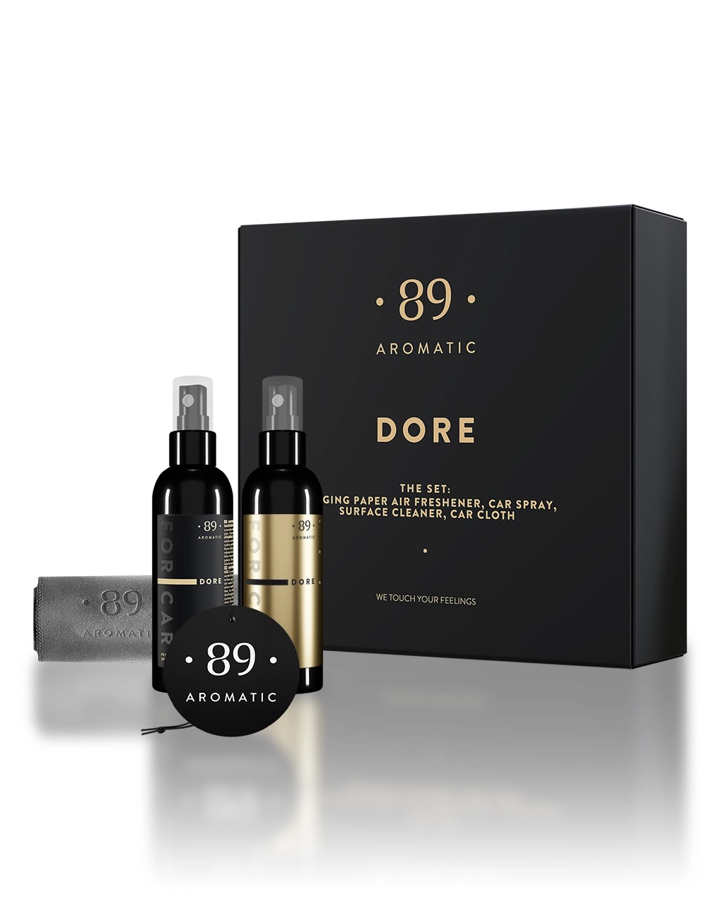 Odorizante auto - Set de îngrijire auto Aromatic 89: spray parfumat, odorizant, soluție pentru bord și lavetă microfibră, 5 arome