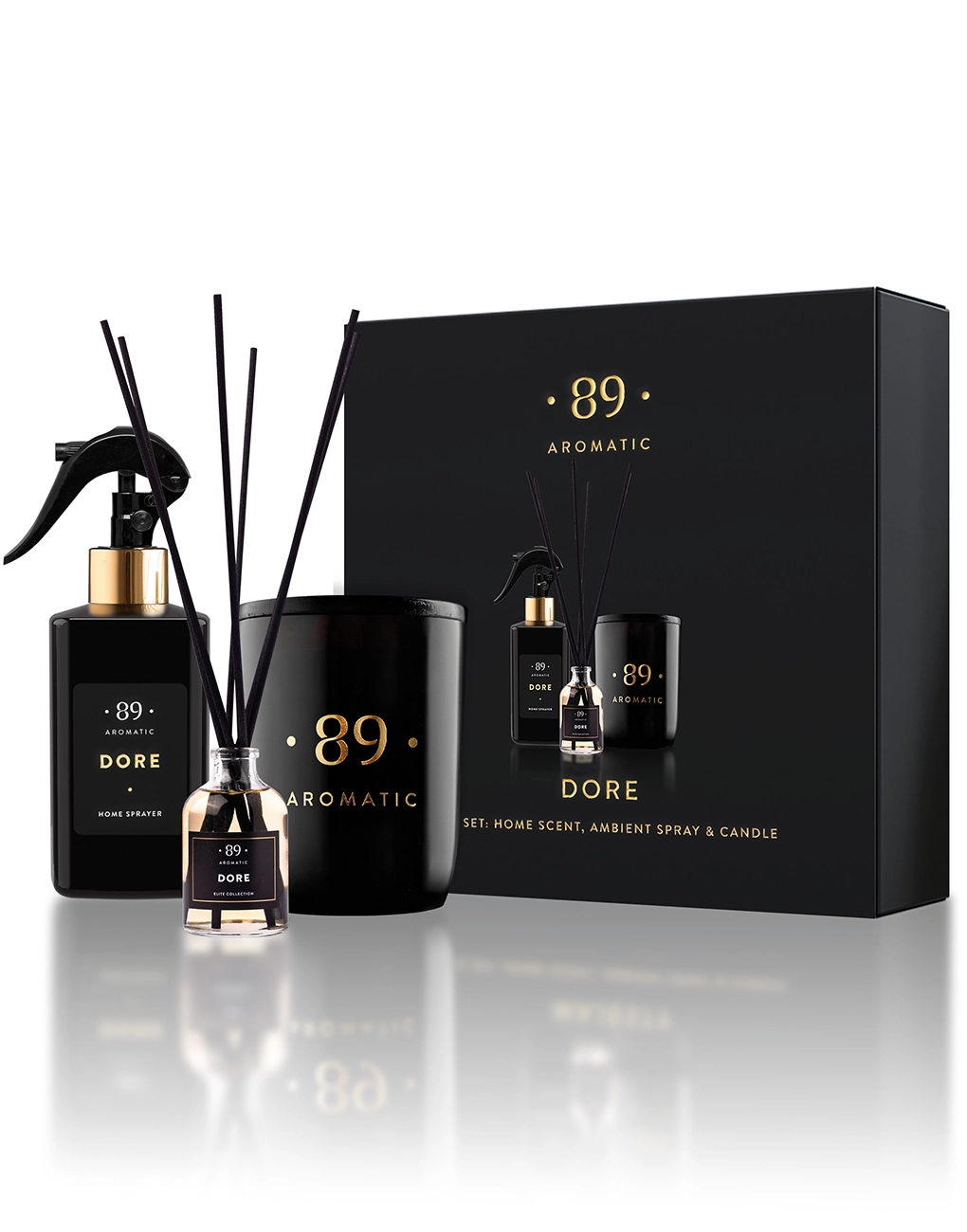 Seturi cadou - Set cadou Aromatic 89: difuzor cu bețișoare, spray de cameră și lumânare parfumată, 5 arome